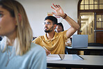 University student, hands and answer question in classroom for teaching, school education or learning. Young man, college student and raised hand for asking questions while studying in campus lecture