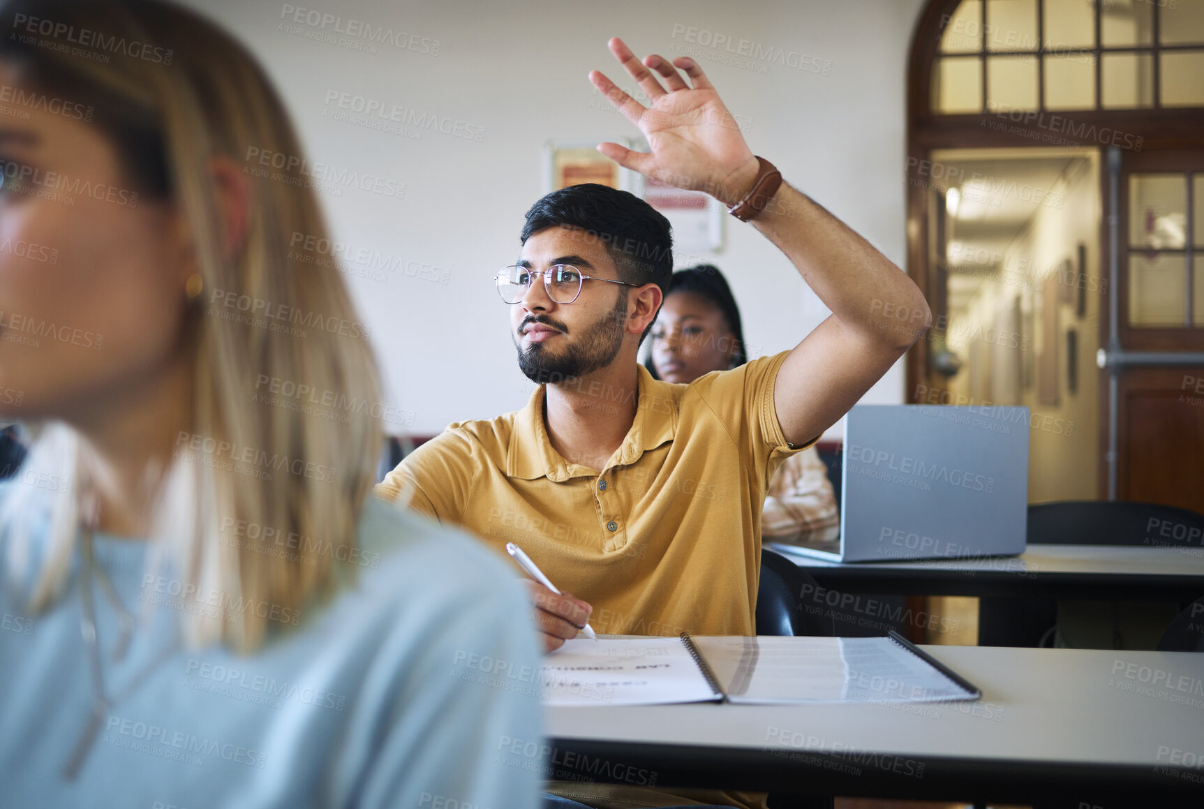 Buy stock photo University student, hands and answer question in classroom for teaching, school education or learning. Young man, college student and raised hand for asking questions while studying in campus lecture