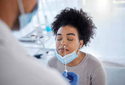 Buy stock photo Covid, pcr test and cotton with black woman and doctor for consulting, medical and virus analysis. Global pandemic, results and research with patient and healthcare worker for safety and protection