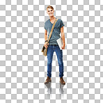 Learning, education and a happy man or student with a bag and laptop on a png, transparent and mockup or isolated background. Portrait of a college or university guy ready to get a scholarship