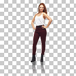 Fashion, with attitude and a real confident woman in trendy clothes with ginger hair, glasses and strong mindset on a png, transparent and mockup or isolated background. Portrait of a beautiful model