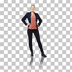 Fashion, style and happy, confident woman feeling proud and assertive with a smile and positive mindset on a png, transparent and isolated or mockup background. Portrait of a real blonde girl