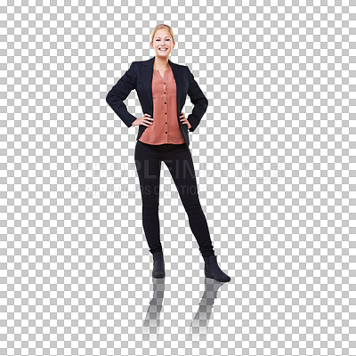 Buy stock photo Isolated business woman, portrait and fashion with smile, confidence and full body by transparent png background. Happy female manager, model or entrepreneur in corporate clothes for trendy style