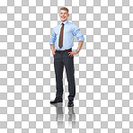 Suit, corporate fashion for business and man looking confident, happy and professional on a png, transparent and isolated or mockup background. Portrait of a young executive with a positive mindset