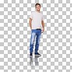 Fashion, style and happy, cool man in casual, trendy clothes with a smile and positive mindset on a png, transparent and isolated or mockup background. Portrait of an attractive and confident model