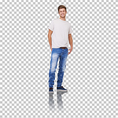 Buy stock photo Man, portrait and smile with style for fashion and casual outfit isolated on png transparent background. Person, face or happy and full length, trendy clothes or relax for advertising or marketing