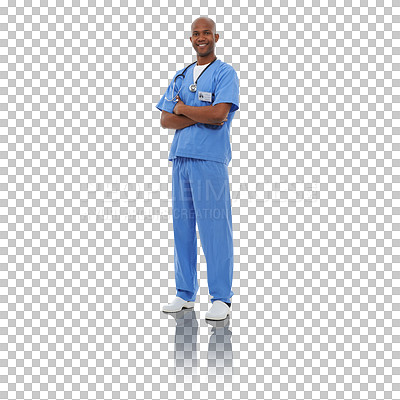 Buy stock photo Portrait, doctor and black man with a smile, healthcare and professional isolated on a transparent background. African person, employee or nurse with happiness, uniform and career with png and safety