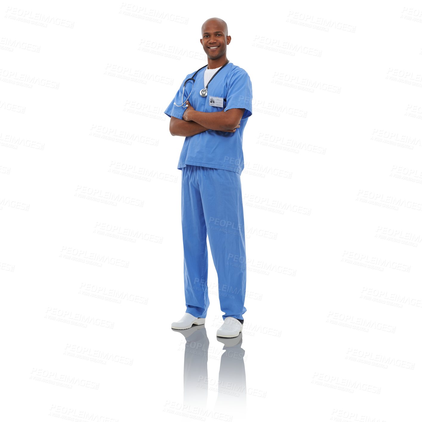 Buy stock photo Portrait, doctor and black man with a smile, healthcare and professional isolated on a transparent background. African person, employee or nurse with happiness, uniform and career with png and safety