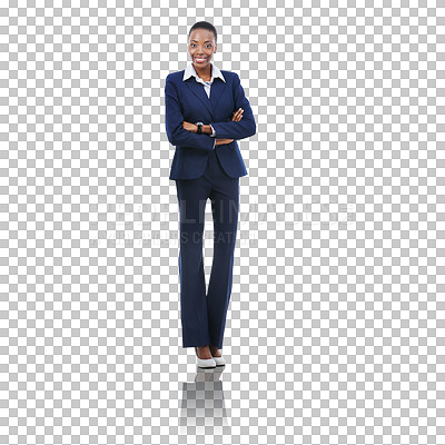 Buy stock photo Portrait, lawyer and isolated black woman with arms crossed or pride on transparent png background. Smile, confidence or happy African manager in suit or fashion with attorney and proud business lady