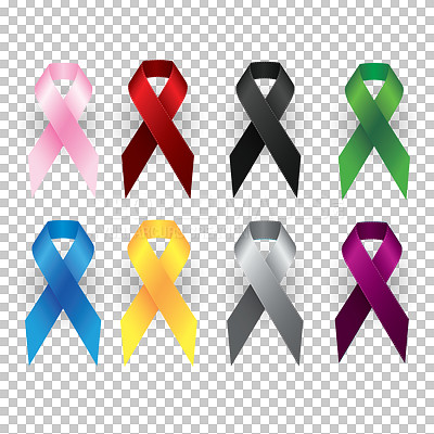 Buy stock photo Promotion, color ribbon and medal with badge for community, charity or HIV and AIDS on a transparent PNG background. A reward, logo and colorful sign for cancer awareness, support or symbol of cause