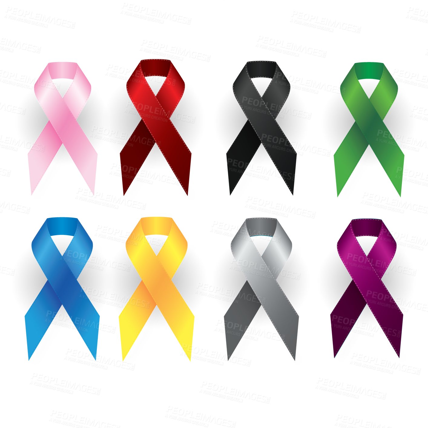 Buy stock photo Promotion, color ribbon and medal with badge for community, charity or HIV and AIDS on a transparent PNG background. A reward, logo and colorful sign for cancer awareness, support or symbol of cause