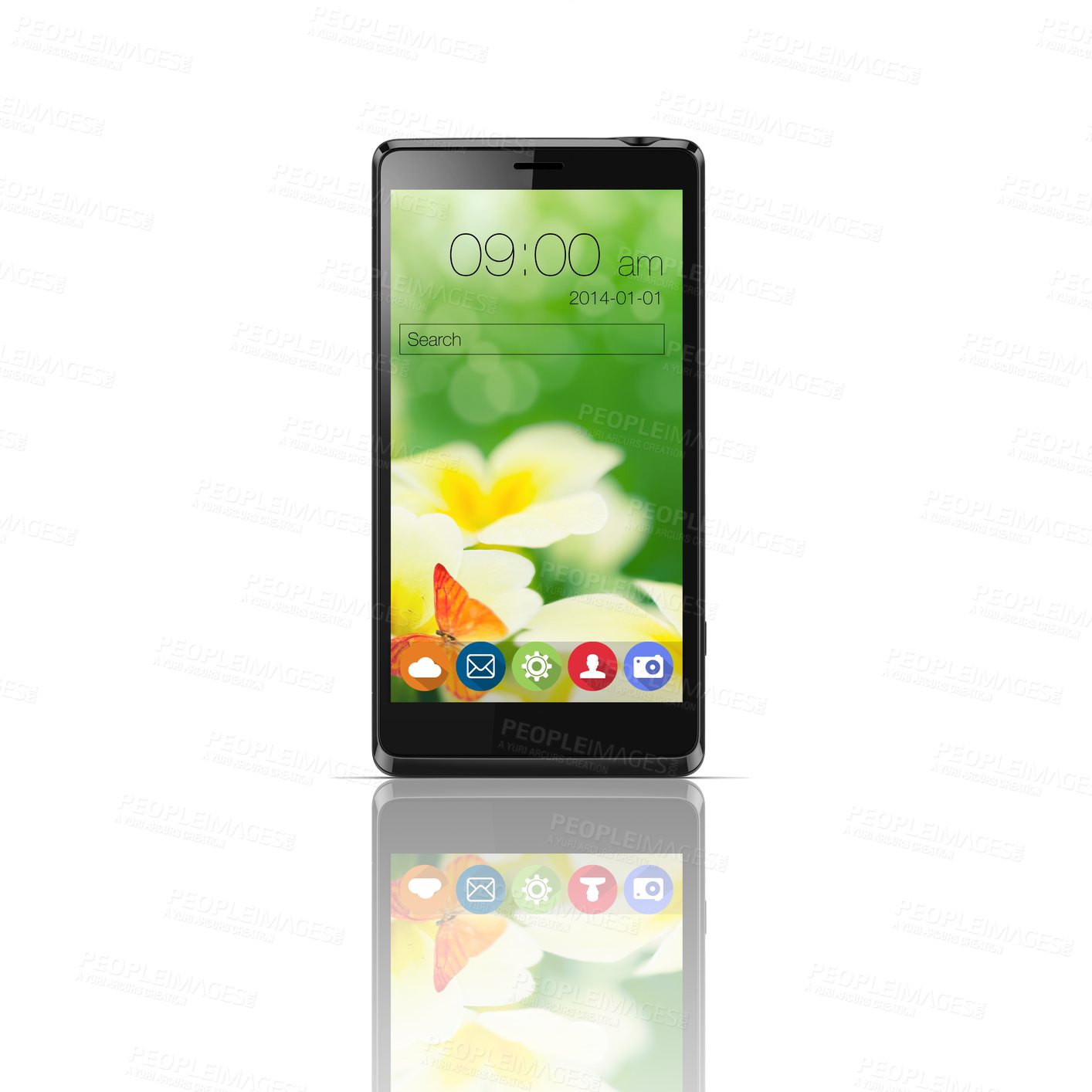 Buy stock photo Smartphone, screen and mobile ui with icons isolated on a transparent png background. Phone, display or cellphone software, wallpaper and search bar app on digital technology for time with reflection