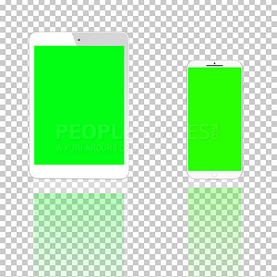 Buy stock photo Smartphone, tablet and green screen for mockup space on mobile isolated on a transparent png background. Phone, display or chroma key on technology for advertising, marketing or promo with reflection