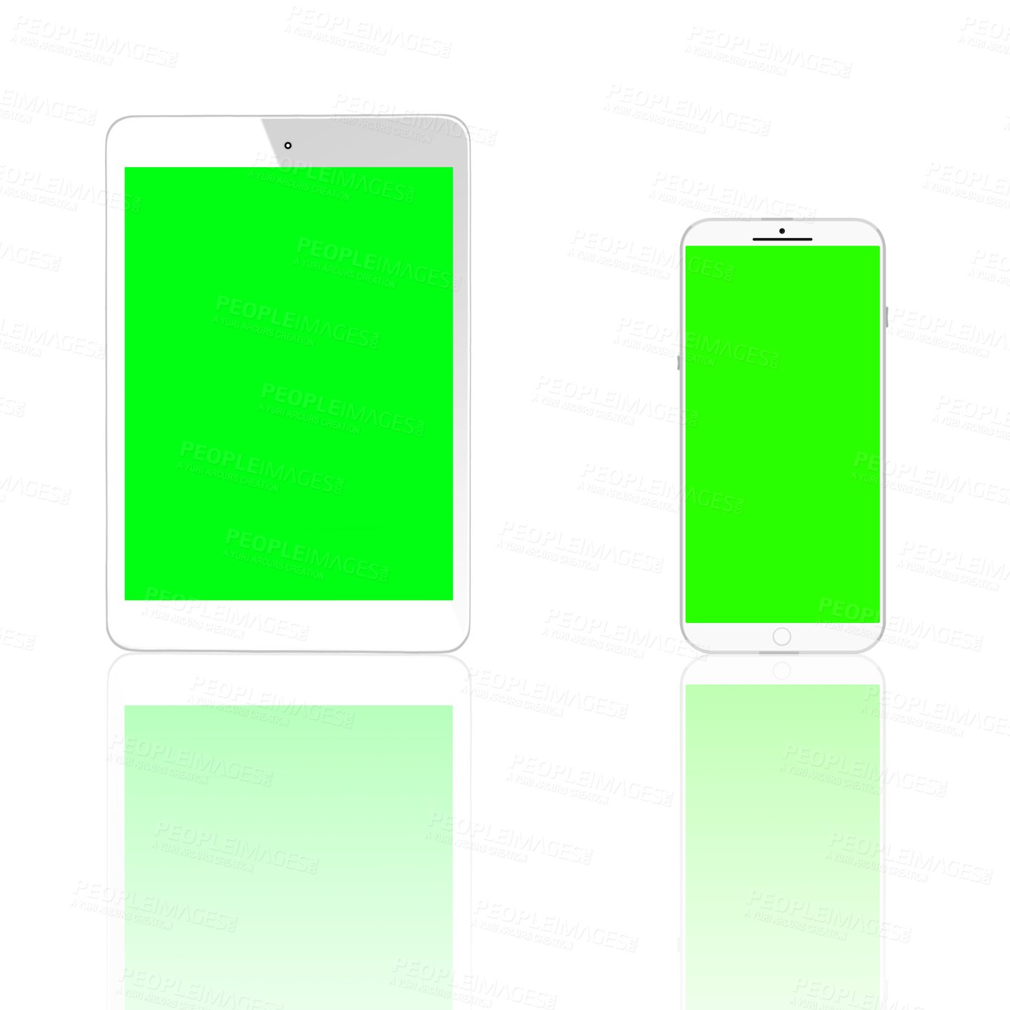 Buy stock photo Smartphone, tablet and green screen for mockup space on mobile isolated on a transparent png background. Phone, display or chroma key on technology for advertising, marketing or promo with reflection