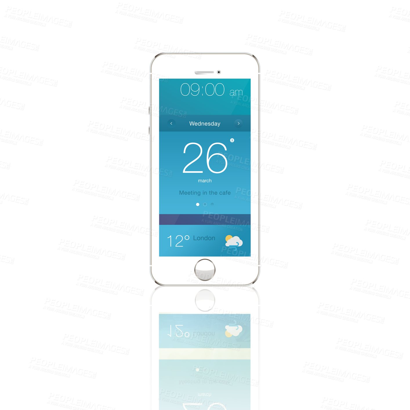 Buy stock photo Smartphone, screen and mobile ui with technology isolated on a transparent png background. Digital phone, display and cellphone software, calendar reminder and weather app on internet with reflection