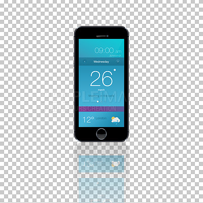 Buy stock photo Phone, screen and cellphone ui with technology isolated on a transparent png background. Smartphone, display and mobile software, calendar reminder and weather app icons on internet with reflection