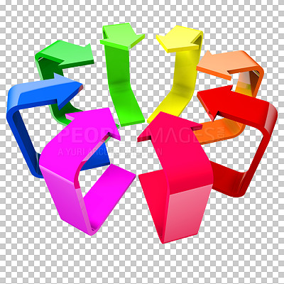 Buy stock photo Arrows, rainbow or graphic for abstract illustration or icon isolated on transparent png background. Inclusion, action or colourful design for direction sign with reverse or different repeat pattern