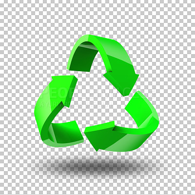 Buy stock photo Environment, arrows and recycling sign for sustainability icon, vector or logo on transparent png background. 3d design, pattern or graphic symbol for clean energy, eco friendly and stop pollution