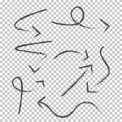 Buy stock photo Design, drawing or sketch of arrows for art, creativity or icon for directions, illustration or hand drawn shape. Doodle style, abstract sign or black color isolated on transparent png background