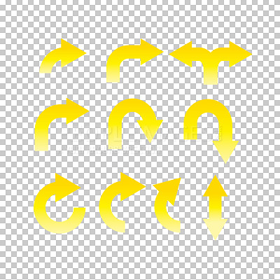 Buy stock photo Yellow arrow, shape and sign or graphic for app or 3d website design isolated on a transparent, PNG background. Logo with emoji or icons of direction, way and pointing for social media or project