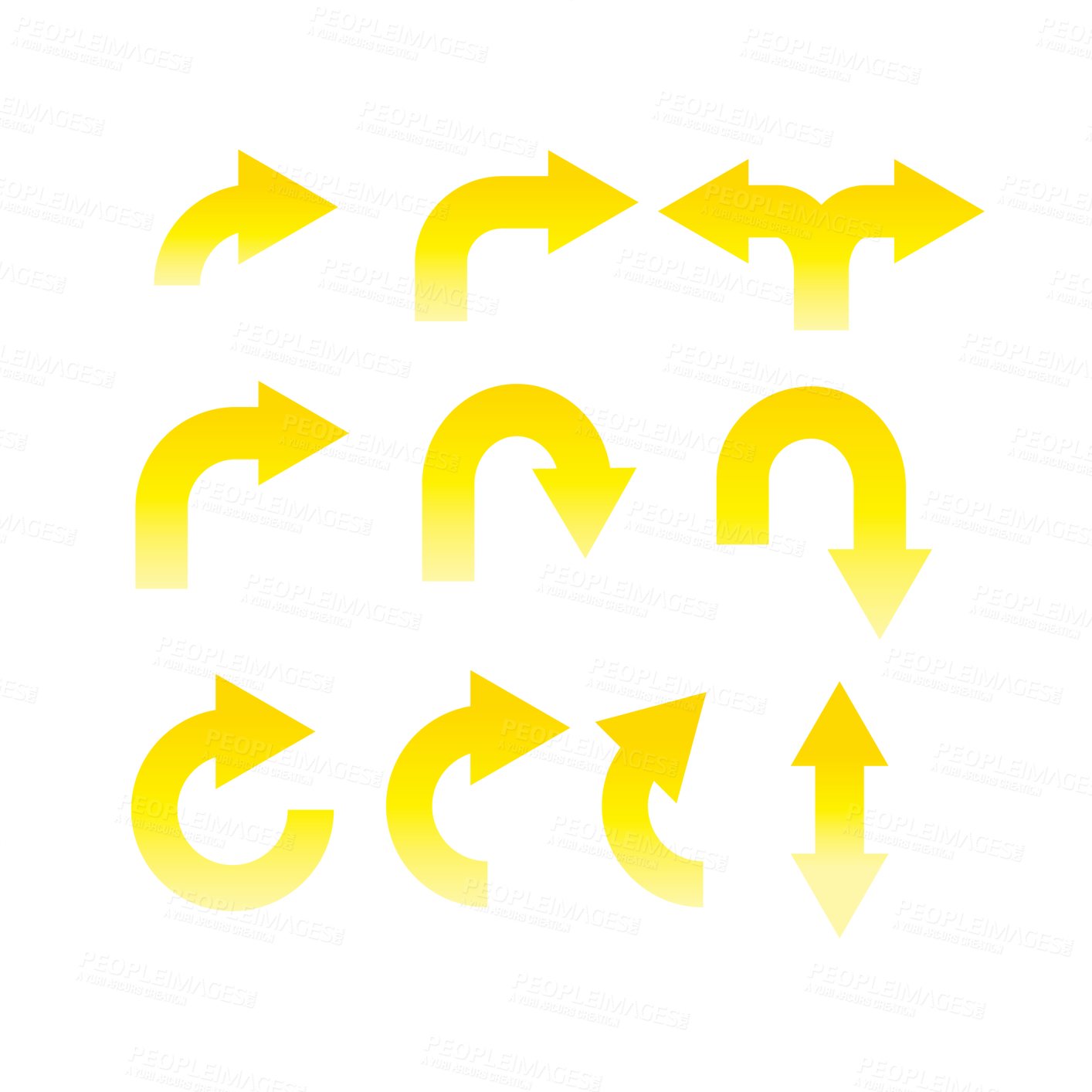 Buy stock photo Yellow arrow, shape and sign or graphic for app or 3d website design isolated on a transparent, PNG background. Logo with emoji or icons of direction, way and pointing for social media or project