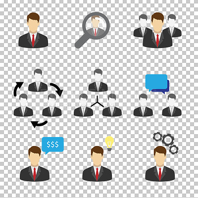 Buy stock photo Businessman, process and communication with idea, icons and logos for feedback, career and interaction. Corporate employees, conversation and connections with strategy for work, profit and startup