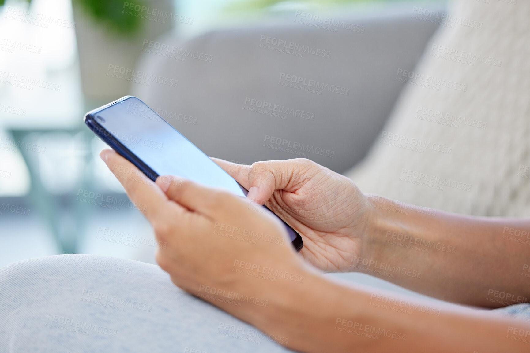 Buy stock photo Social media, online shopping and surfing the internet, woman on a phone on a sofa. Communication, conversation or payment online on a sofa. Relax and chat or working in ecommerce with web technology