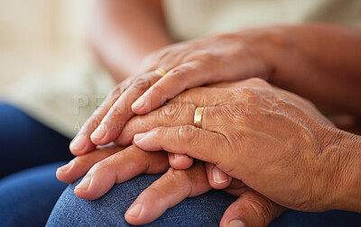 Buy stock photo Couple holding hands for support and love, gratitude for help and support and kindness in retirement in home. Elderly friends or senior people with respect, community and hope in marriage