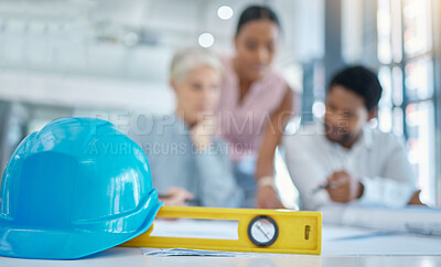 Buy stock photo Ruler, helmet or architecture meeting tools or engineering equipment with architect or building designer people. Zoom of property construction gear or teamwork planning real estate design with vision