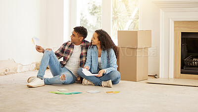 Buy stock photo Couple, homeowner and room color paint choice together for house wall renovation and decoration. Young woman and man in relationship deciding on home repair and remodeling interior palette.