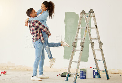 Buy stock photo Love couple smile painting house or home interior with paint and ladder for DIY room project and maintenance. African creative and painter black people happy working on apartment wall design together