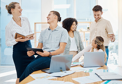 Buy stock photo Funny business people, laughing group of designers and cheerful creative office team making jokes together in startup agency. Collaboration, diversity and success of smile, comedy and happy employees