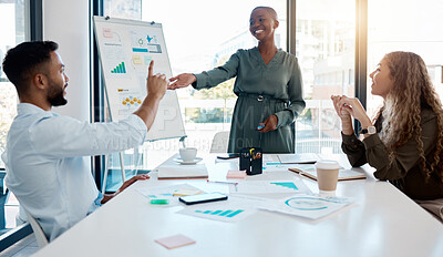 Buy stock photo Manager training team of business people in office corporate meeting. Black female marketing leader talk in a workshop presentation, education seminar and conference with diverse group of colleagues