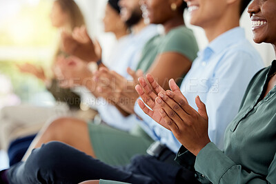 Buy stock photo Business people clapping hands at corporate seminar in a modern, creative and company building. Closeup of happy audience celebrating, cheering and listening to ceo presenter at an office tradeshow.