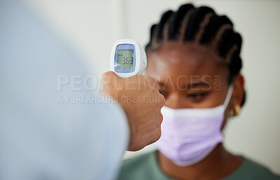 Buy stock photo Covid, healthcare and woman patient getting thermometer check with a compliance officer during consultation or appointment. Health, hygiene regulations and wellness with a female wearing a face mask
