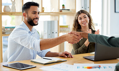 Buy stock photo Business people shaking hands with applause for deal, agreement and teamwork success in startup agency. Partnership handshake, meeting collaboration and contract celebration for promotion opportunity