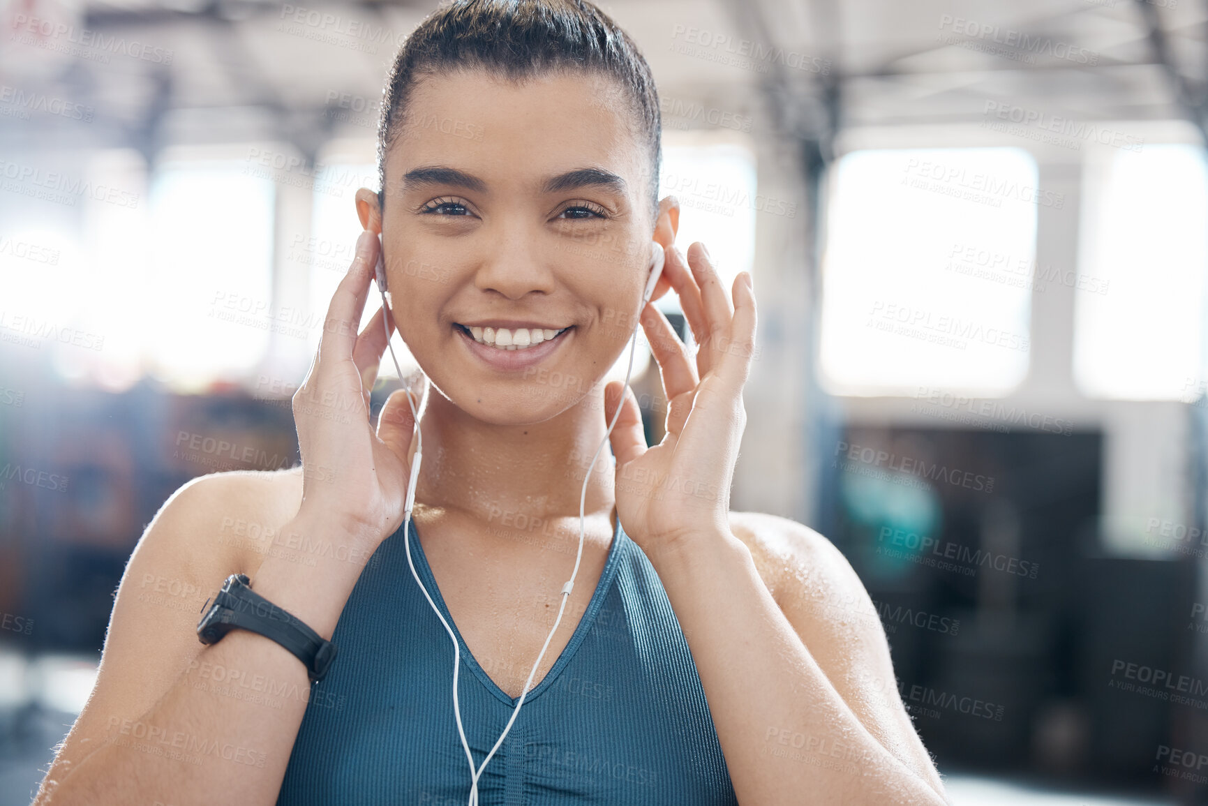 Buy stock photo Health, fitness and music by a woman at gym, streaming playlist while prepare for exercise or cardio workout. Portrait of a fit athlete enjoying a motivation podcast online, excited to begin warm up