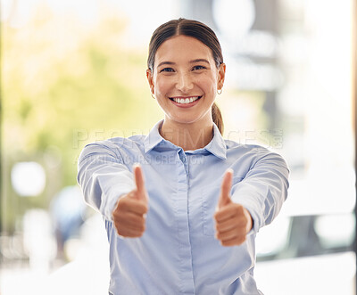 Buy stock photo Thumbs up emoji for motivation, success and praise for support, luck and thanks. Portrait of happy, smile and excited business woman, winner and worker with goal, yes feedback and trust for good news