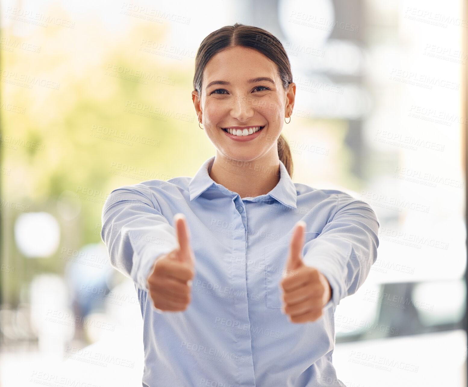 Buy stock photo Thumbs up emoji for motivation, success and praise for support, luck and thanks. Portrait of happy, smile and excited business woman, winner and worker with goal, yes feedback and trust for good news