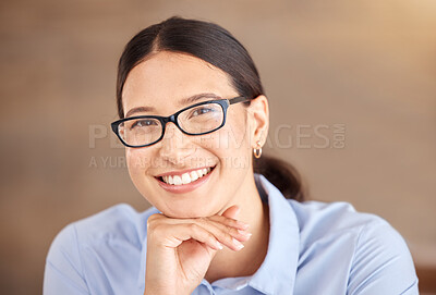 Buy stock photo Happy, success and woman with glasses and smile in happiness with a vision, plan and positive attitude. Portrait of a young, beautiful and smart female proud, confident and smiling about her career