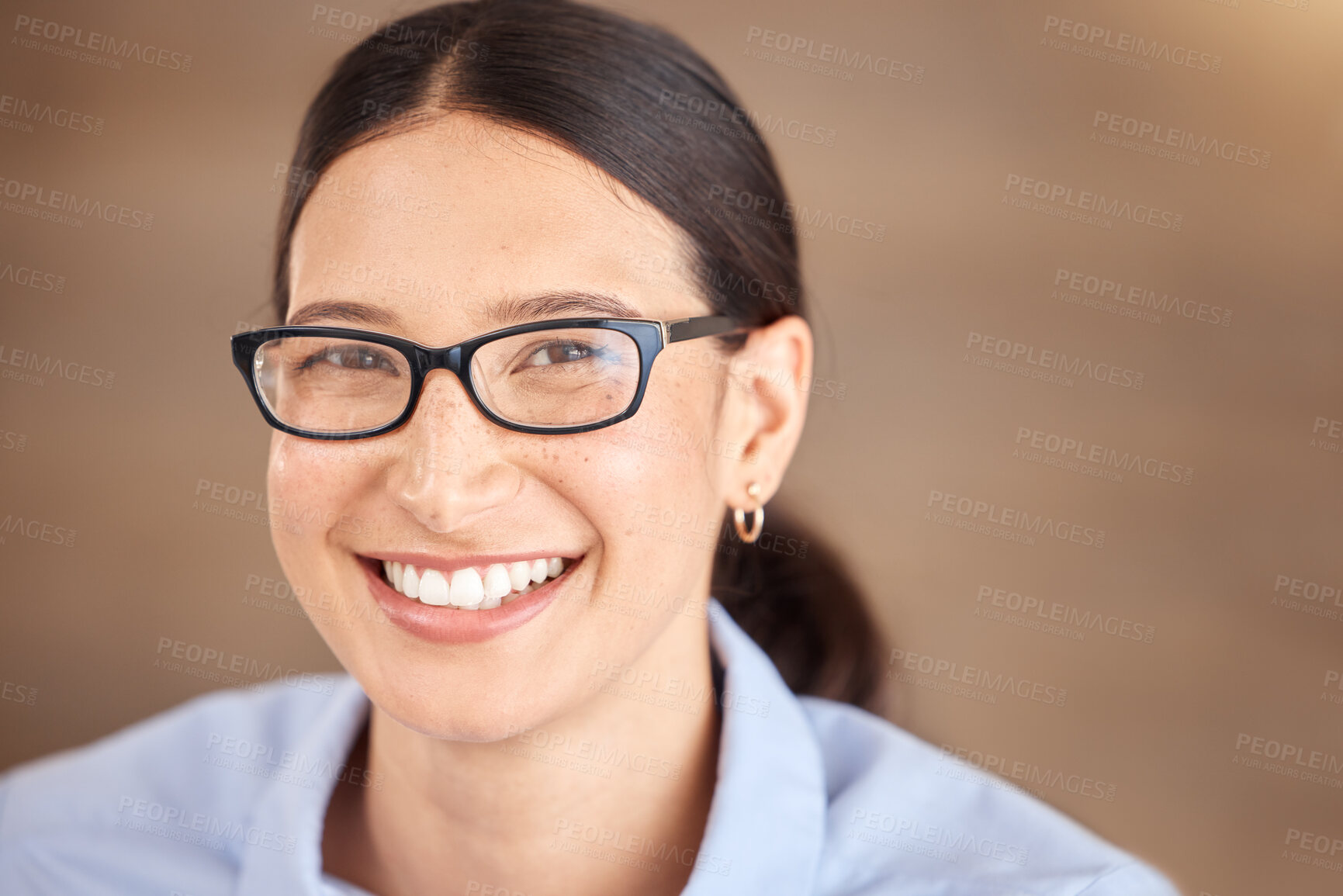 Buy stock photo Face, eyes and vision with a woman with glasses with a smile while looking happy, carefree and positive. Prescription eyewear for eyesight to see at the optometrist against a blurred background