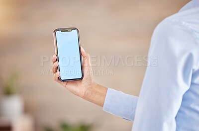 Buy stock photo Phone mock up, white screen and contact us website in a hand of a business woman for advertising or digital marketing. 5g wireless internet network promo offer with brand logo or mobile app 