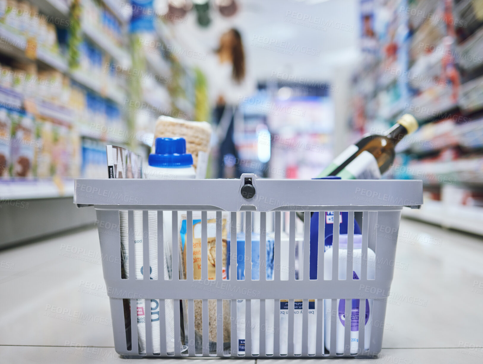 Buy stock photo Grocery, supermarket and shopping basket of food ingredients from retail convenience store. Inflation, financial budget and customer goods increase effect on economy, sale and lifestyle choices