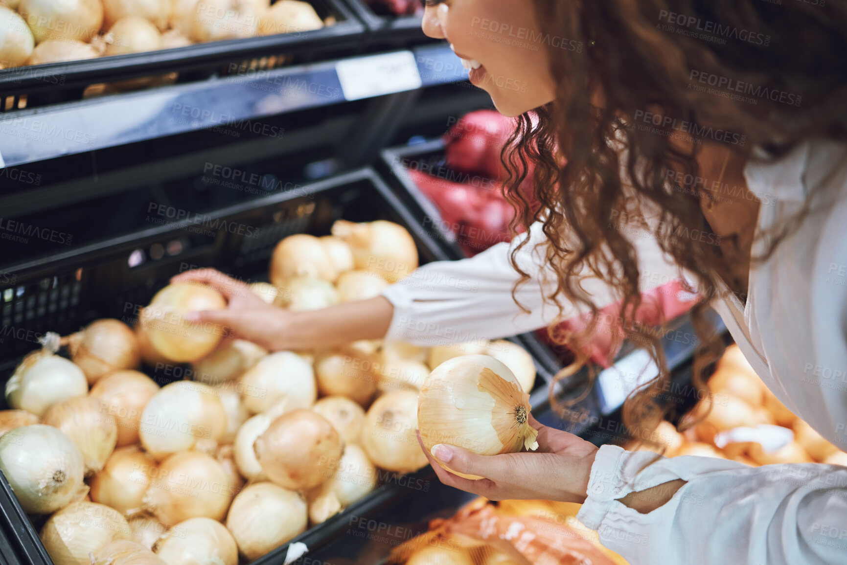 Buy stock photo Supermarket, onion and customer shopping for healthy food, cooking and wellness product in grocery store. Happy, smile and black woman with nutrition vegetable choice on sale in retail shop for meal