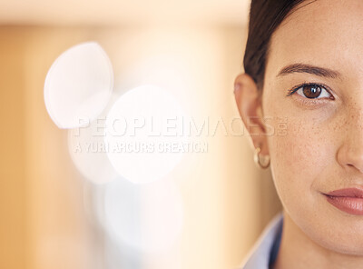 Buy stock photo Half face, power and woman or model, serious and vision for success over bokeh background. Portrait of a female facial in wellness in feminine voice protest, empowerment and courage or focused.