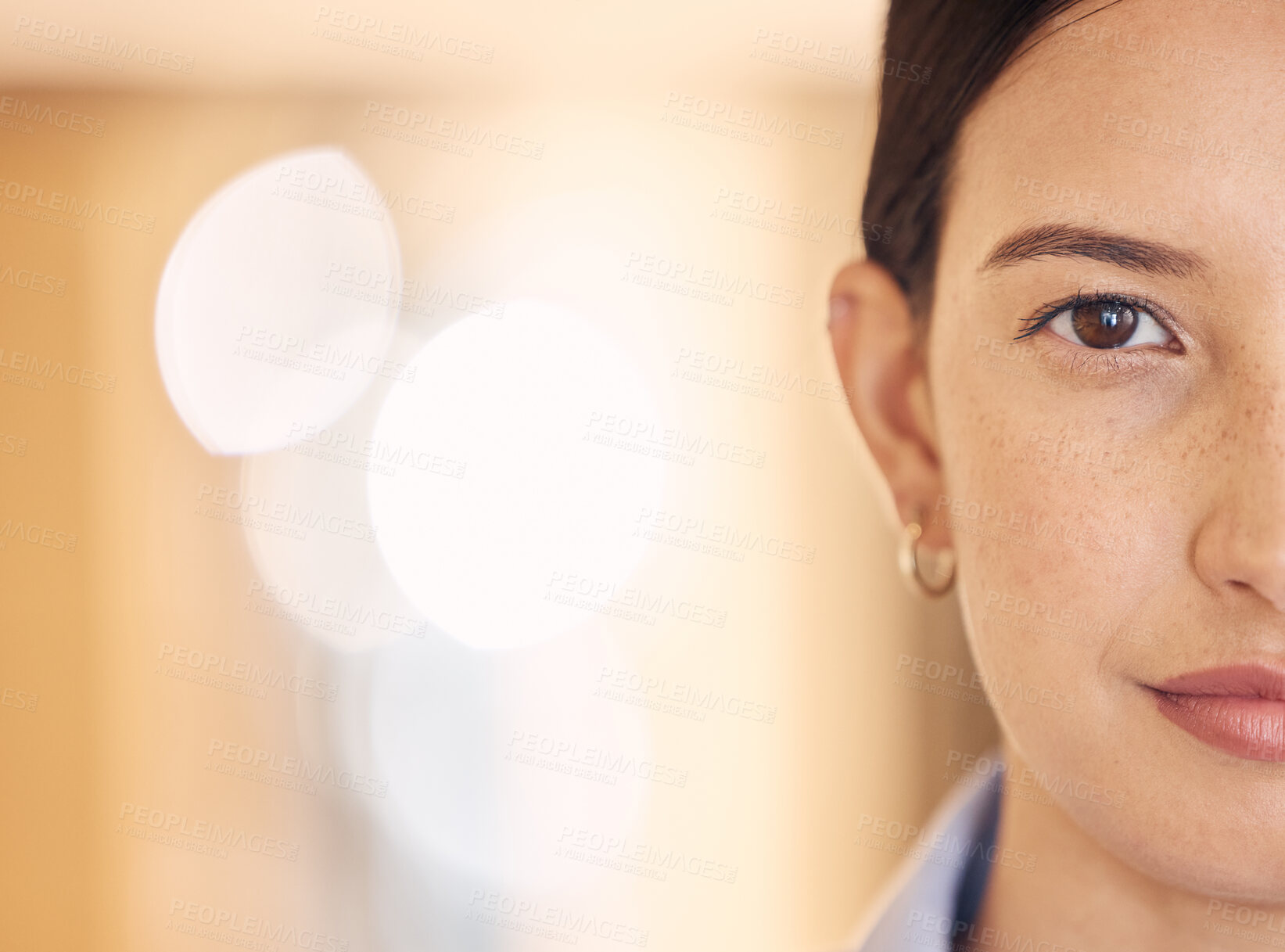 Buy stock photo Half face, power and woman or model, serious and vision for success over bokeh background. Portrait of a female facial in wellness in feminine voice protest, empowerment and courage or focused.