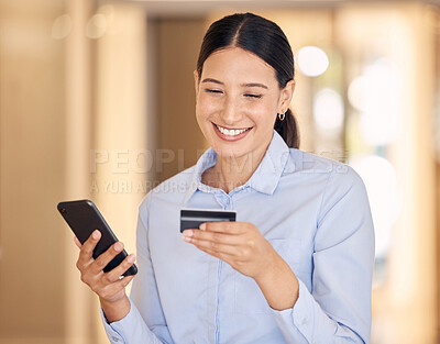 Buy stock photo Internet bank, online shopping and budget payment for bills, money and credit card cash with ecommerce on mobile phone web app. Finance accounting, business woman and trading economy with fintech