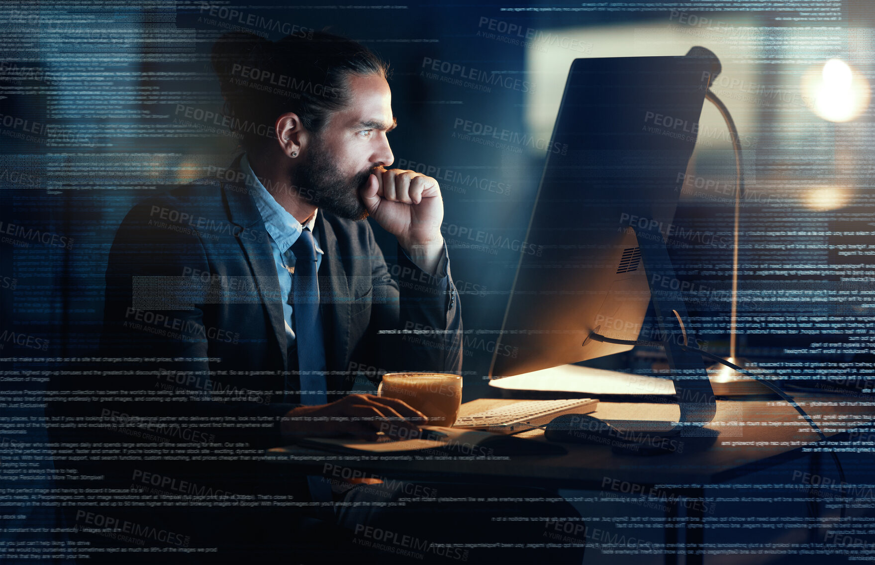 Buy stock photo Big data, tech coding of a fintech programmer writing futuristic technology code on computer at night. AI engineer, cloud computing and ux design of software developer  checking information database