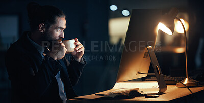 Buy stock photo Coffee, night and commitment with a business man working late in a dark office on a deadline. Male corporate professional at work on a computer at his desk for a global or international project
