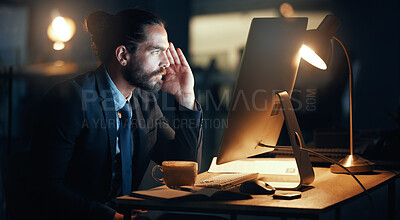 Buy stock photo Confused, business man and computer stress while finishing work deadline at night with pc glitch. Corporate male with anxiety about target working at desk screen late to complete urgent task.